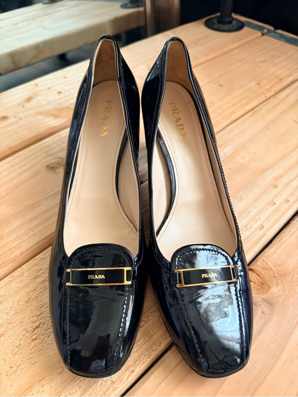 Women's Prada Black Patent Leather Block Heel Pumps with Gold Accent - Picture 3 of 5